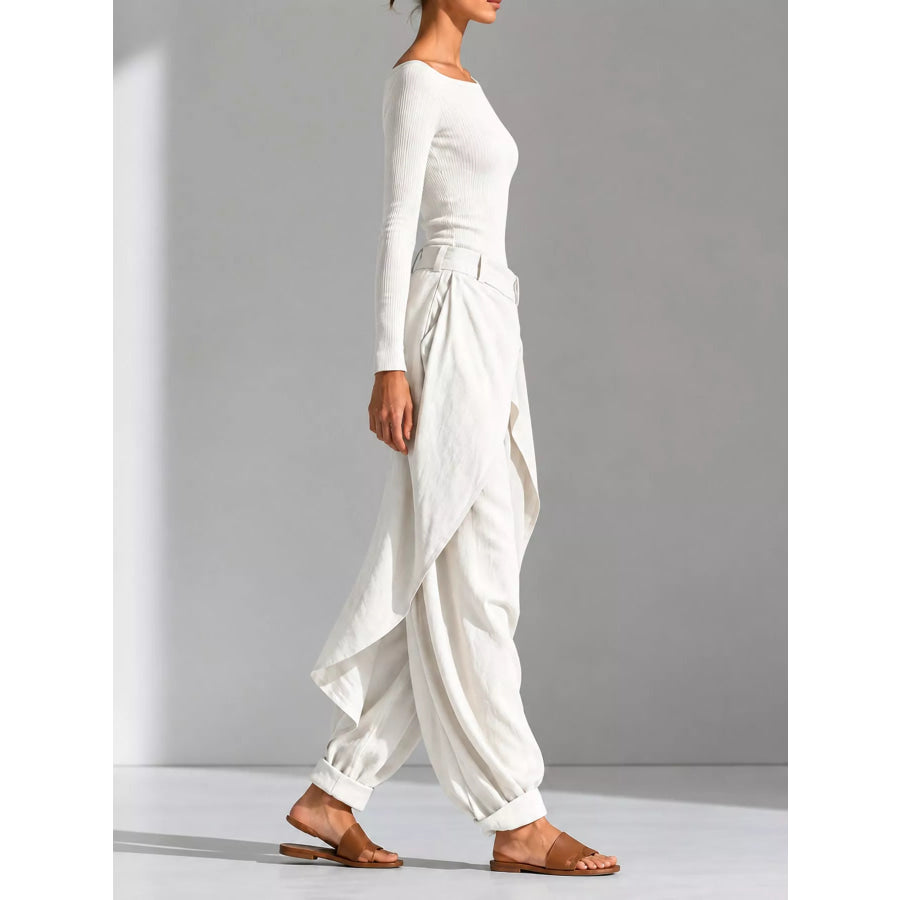 Boat Neck Long-Sleeve Top and Wrap Wide-Leg Pant Set Apparel Accessories