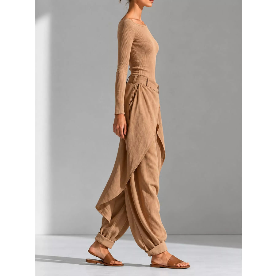 Boat Neck Long-Sleeve Top and Wrap Wide-Leg Pant Set Apparel Accessories