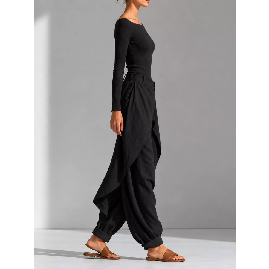 Boat Neck Long-Sleeve Top and Wrap Wide-Leg Pant Set Apparel Accessories
