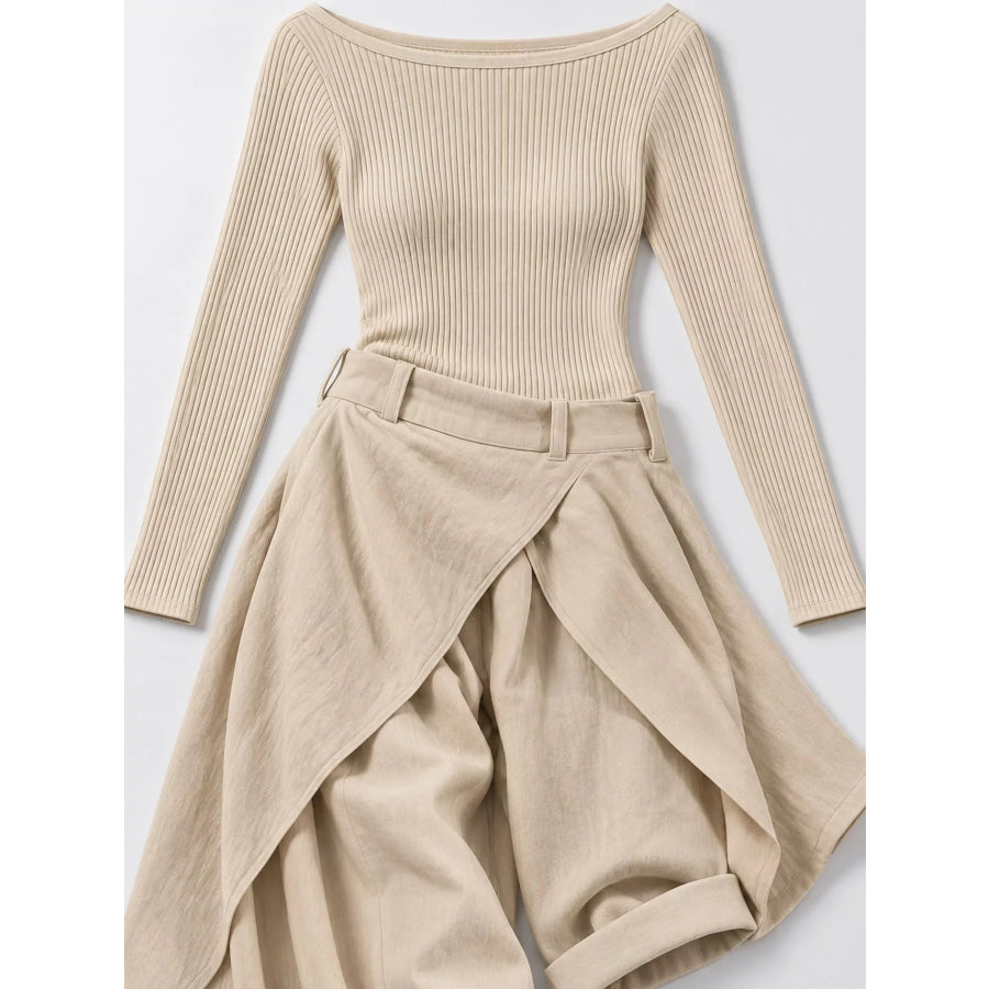 Boat Neck Long-Sleeve Top and Wrap Wide-Leg Pant Set Apparel Accessories