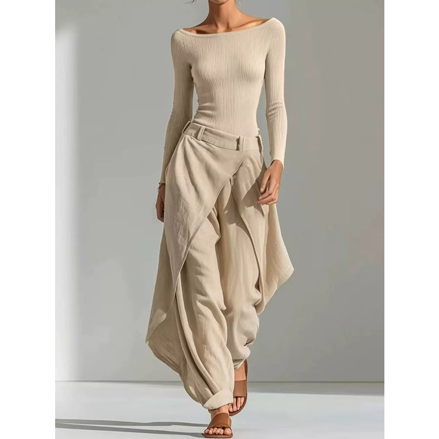 Boat Neck Long-Sleeve Top and Wrap Wide-Leg Pant Set Apricot / S Apparel Accessories