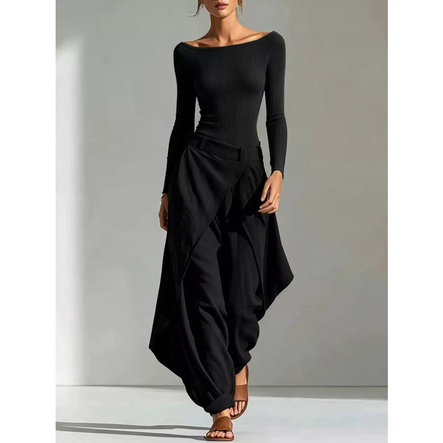 Boat Neck Long-Sleeve Top and Wrap Wide-Leg Pant Set Black / S Apparel Accessories