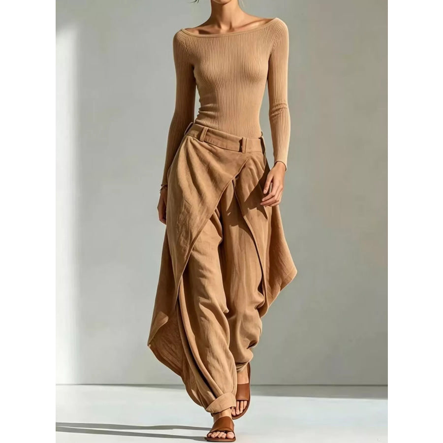 Boat Neck Long-Sleeve Top and Wrap Wide-Leg Pant Set Brown / S Apparel Accessories