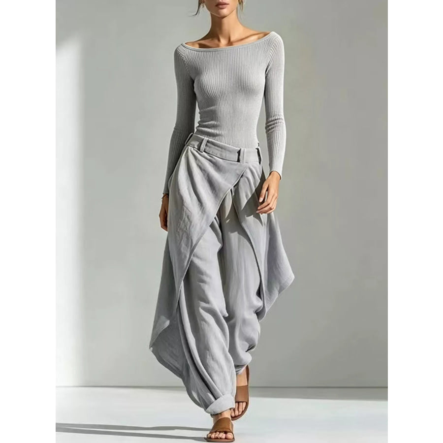 Boat Neck Long-Sleeve Top and Wrap Wide-Leg Pant Set Gray / S Apparel Accessories