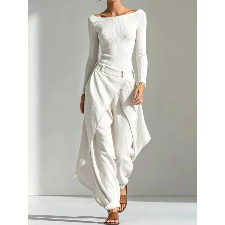 Boat Neck Long-Sleeve Top and Wrap Wide-Leg Pant Set White / S Apparel Accessories