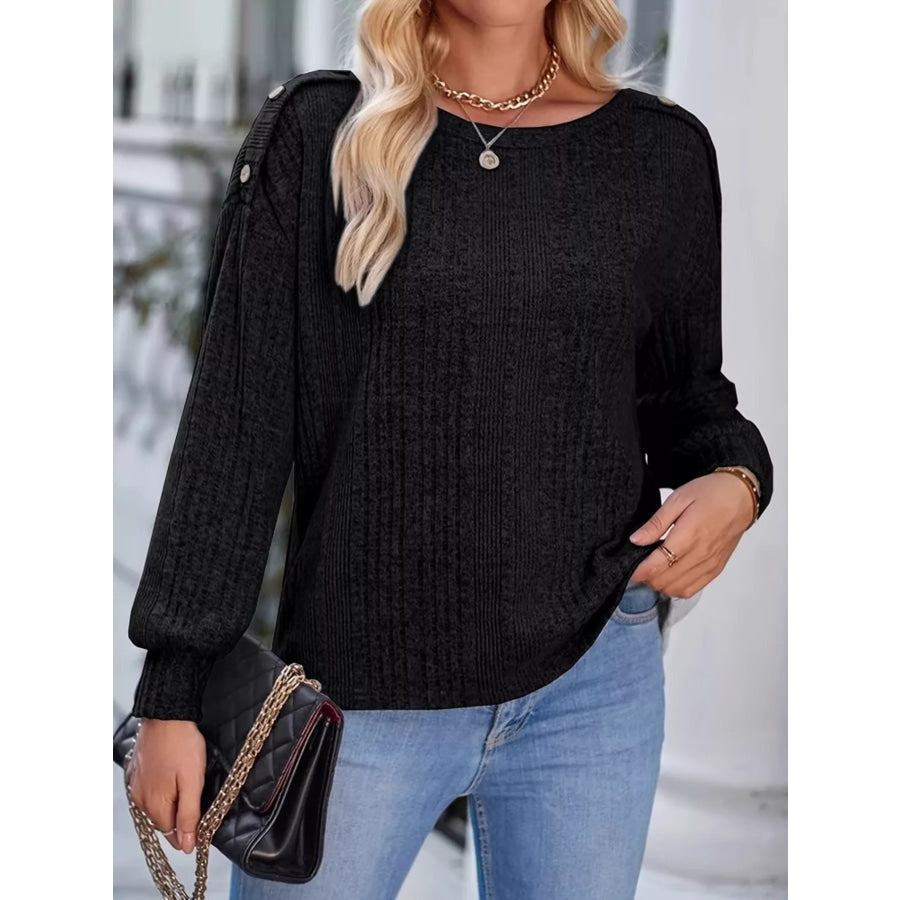 Boat Neck Ribbed Knit T-Shirt Black / S Apparel and Accessories