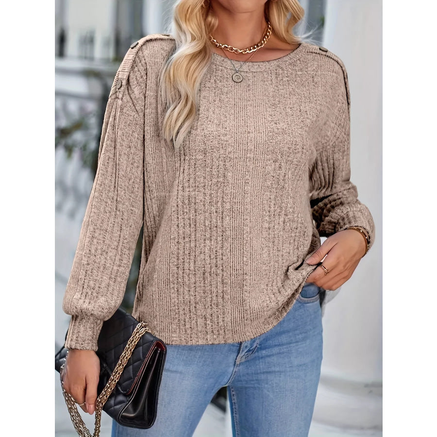Boat Neck Ribbed Knit T-Shirt Khaki / S Apparel and Accessories
