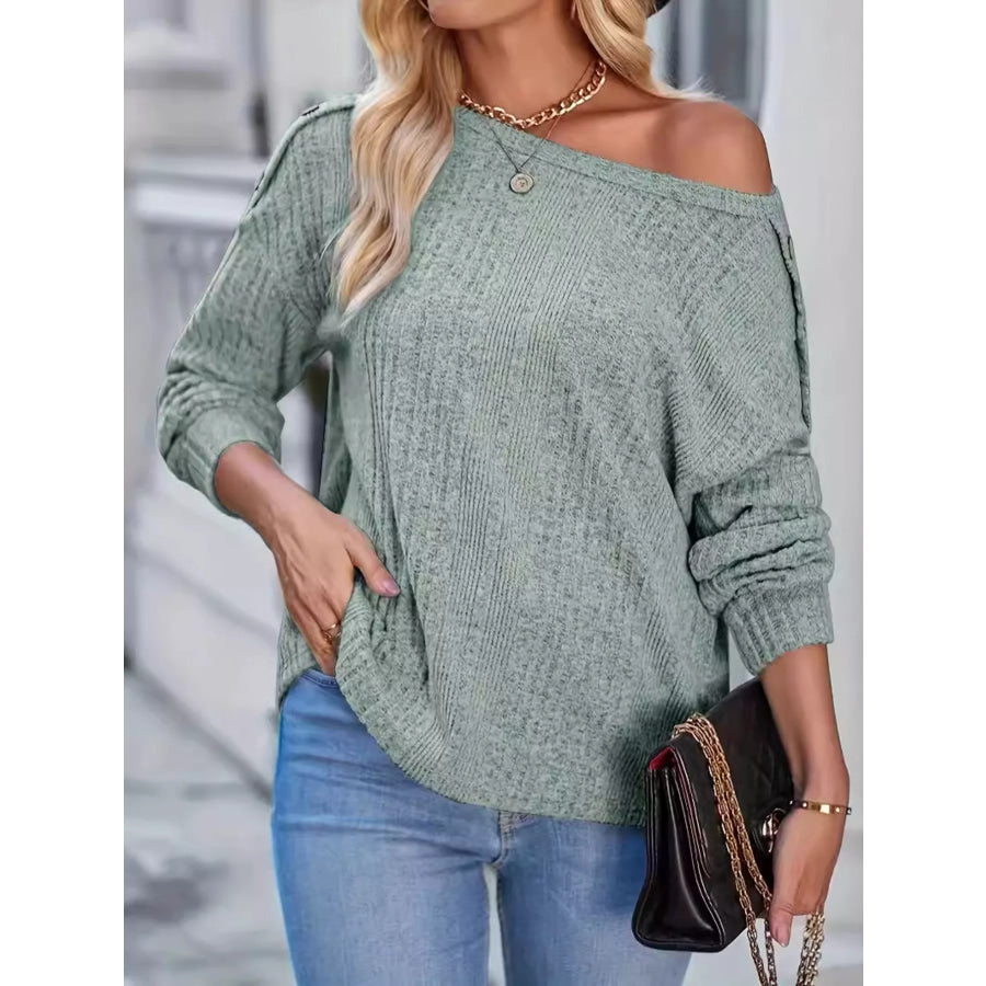 Boat Neck Ribbed Knit T-Shirt Light Green / S Apparel and Accessories