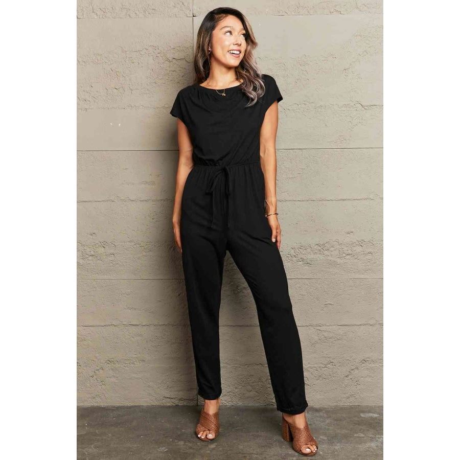 Boat Neck Short Sleeve Jumpsuit with Pockets Black / S