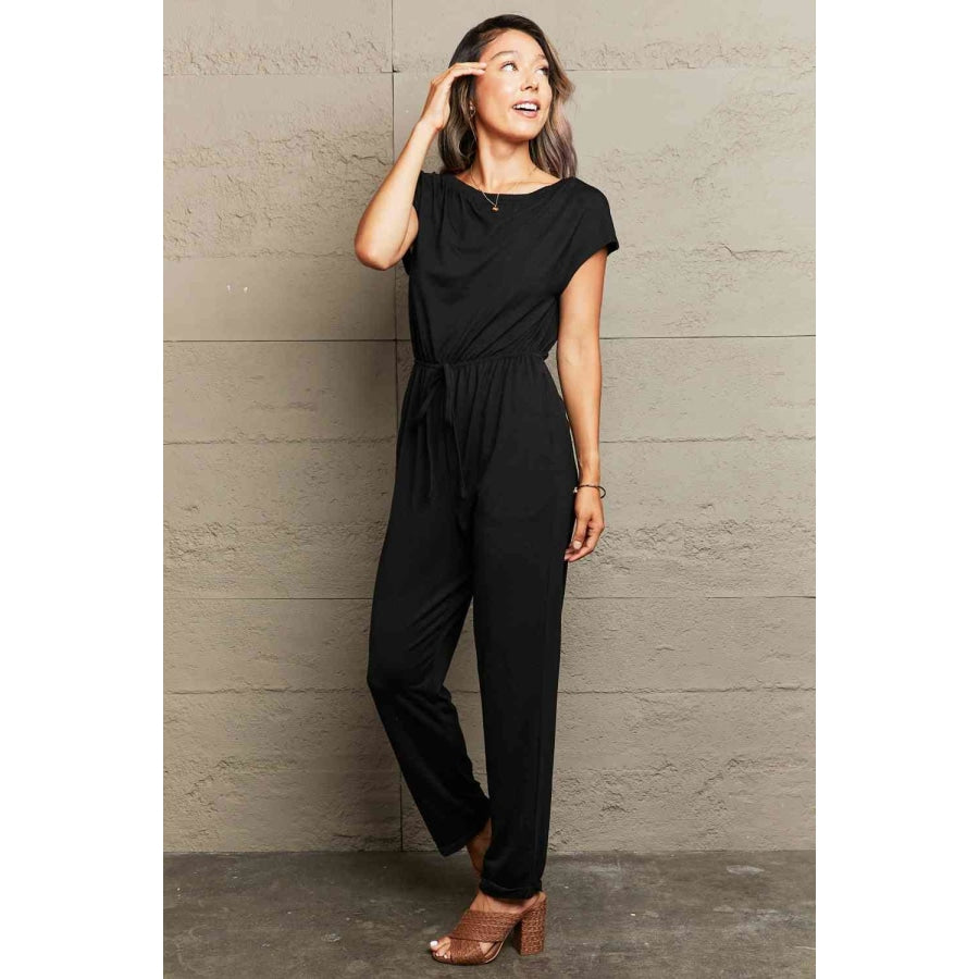 Boat Neck Short Sleeve Jumpsuit with Pockets