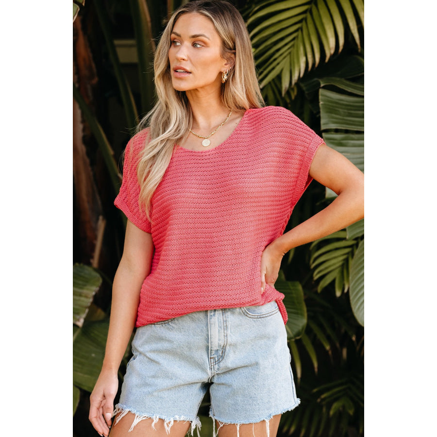 Boat Neck Short Sleeve Sweater Strawberry / S Apparel and Accessories