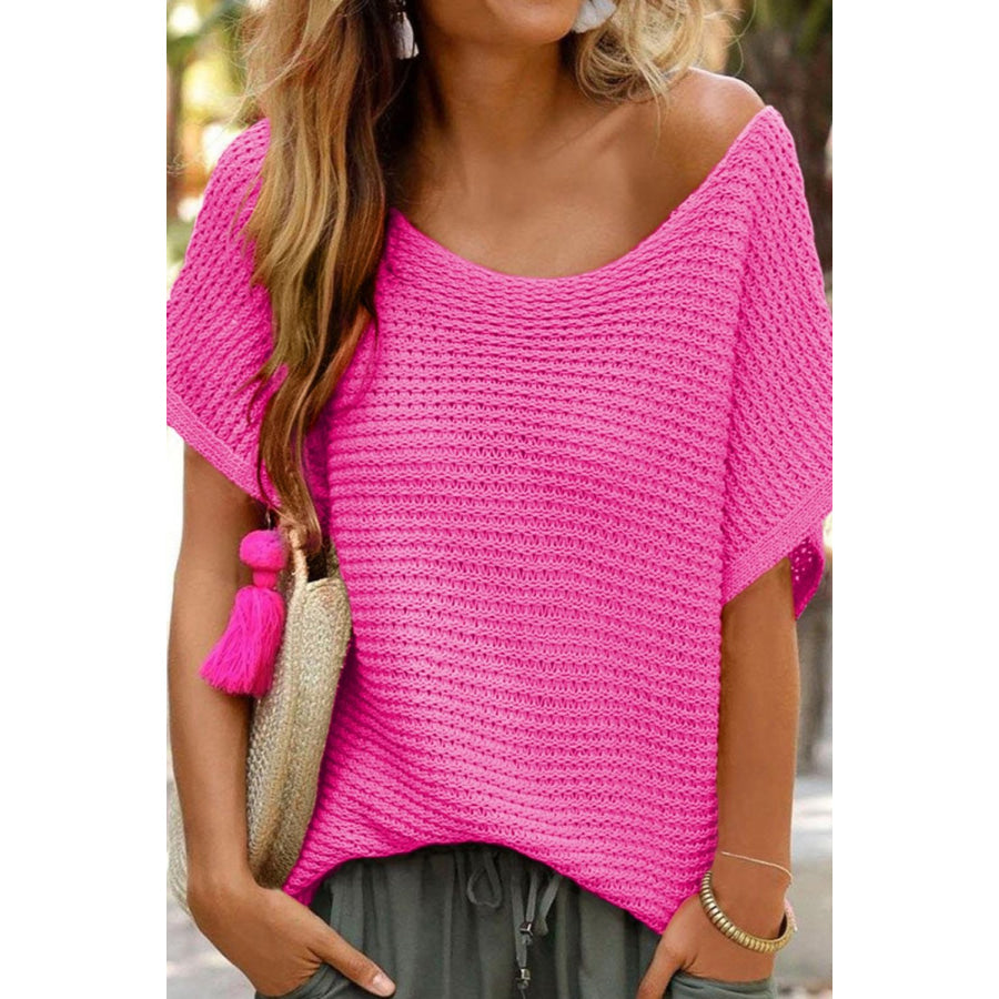 Boat Neck Short Sleeve Sweater Hot Pink / S Apparel and Accessories