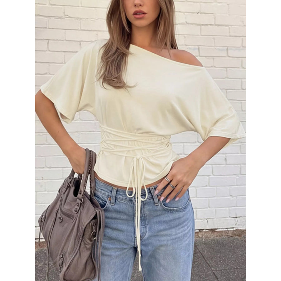 Boat Neck Short Sleeve T-Shirt Apricot / S Apparel and Accessories