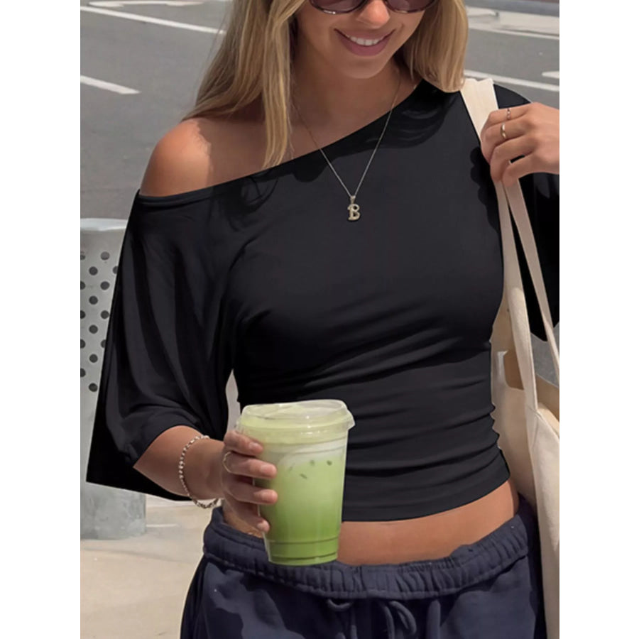 Boat Neck Short Sleeve T-Shirt Black / S Apparel and Accessories