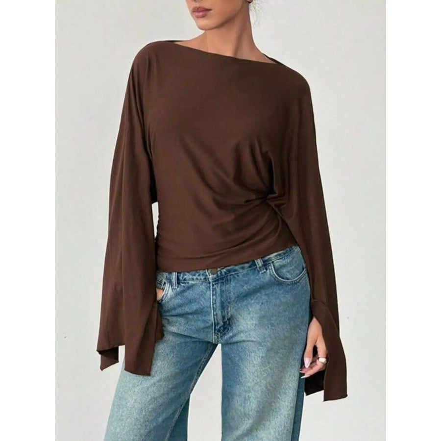 Boat Neck Slit Batwing Sleeve Top Apparel and Accessories