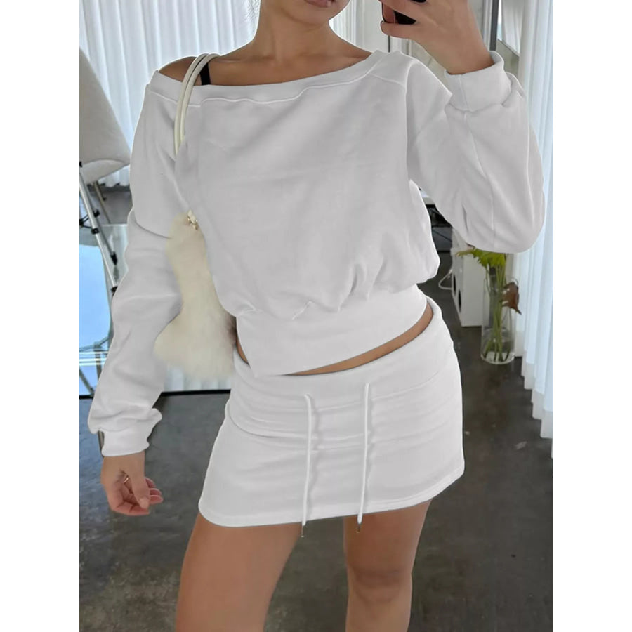 Boat Neck Sweatshirt and Mini Skirt Set Apparel and Accessories