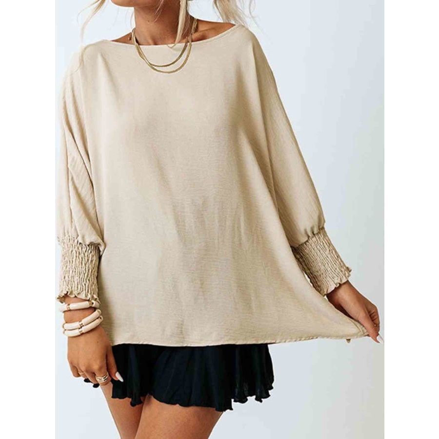 Boat Neck Three-Quarter Sleeve Blouse Beige / S