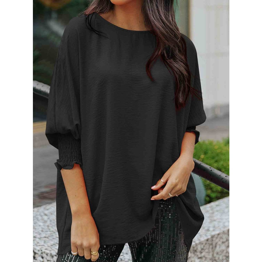 Boat Neck Three-Quarter Sleeve Blouse Black / S