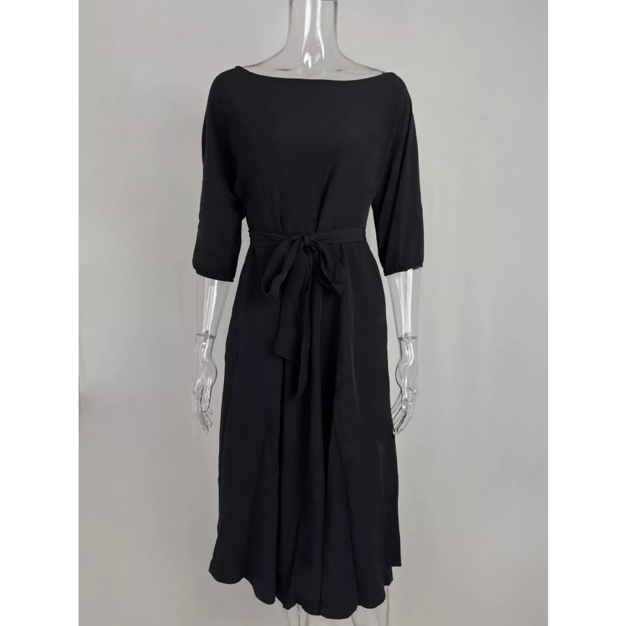 Boat Neck Tie Waist Dress Apparel and Accessories