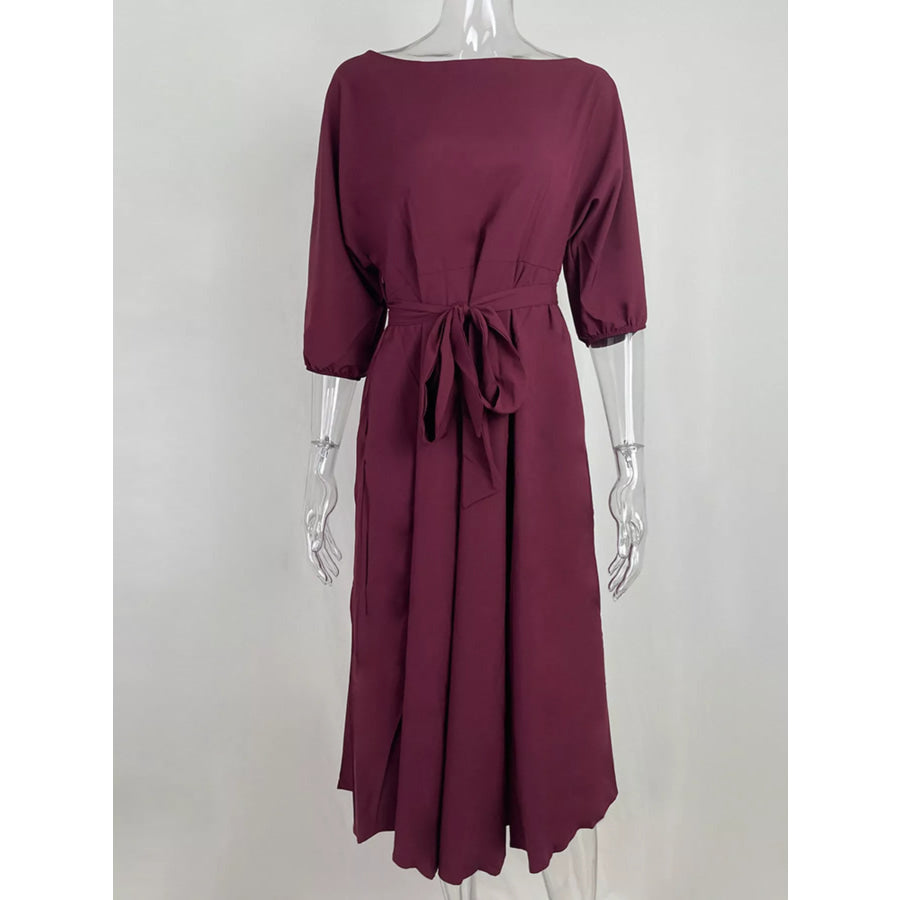 Boat Neck Tie Waist Dress Apparel and Accessories