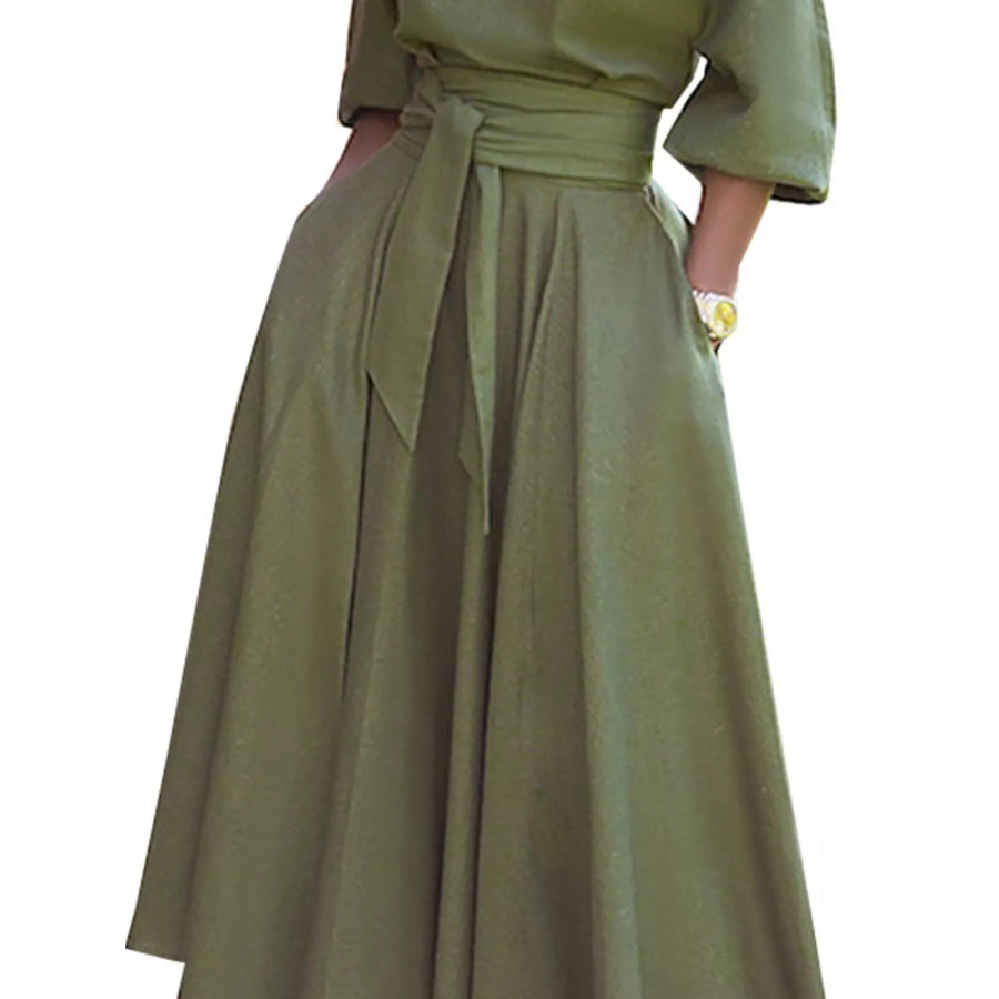 Boat Neck Tie Waist Dress Apparel and Accessories