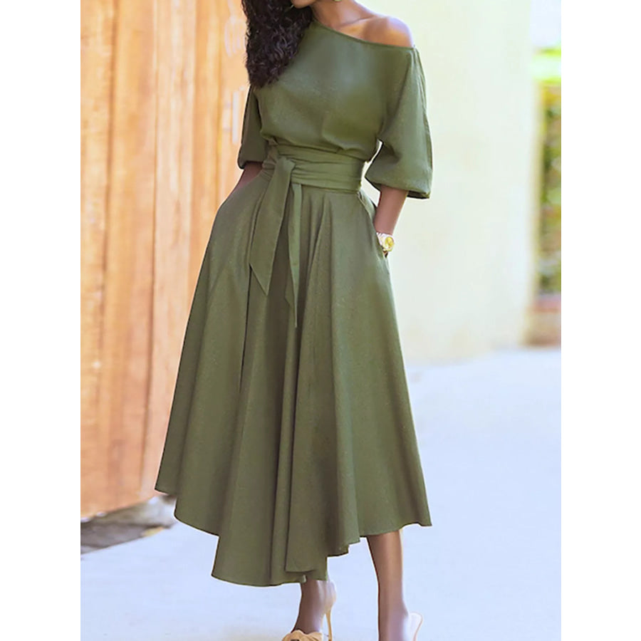 Boat Neck Tie Waist Dress Apparel and Accessories