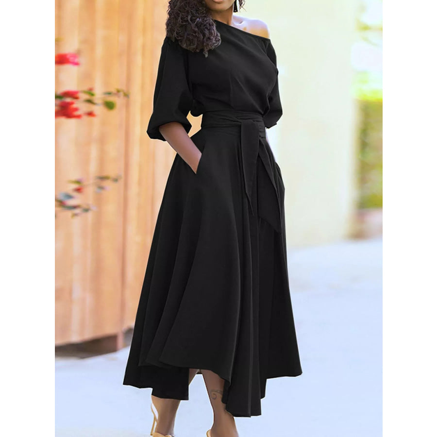 Boat Neck Tie Waist Dress Black / S Apparel and Accessories