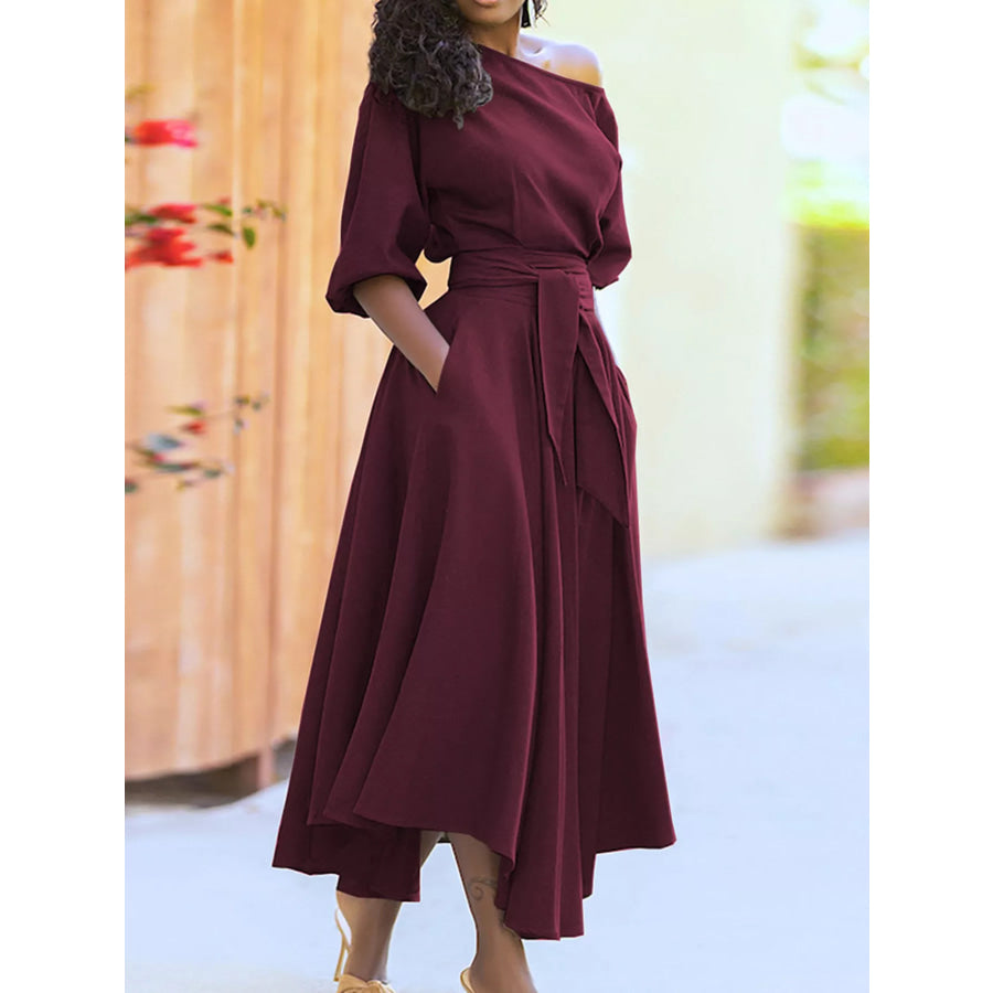 Boat Neck Tie Waist Dress Burgundy / S Apparel and Accessories