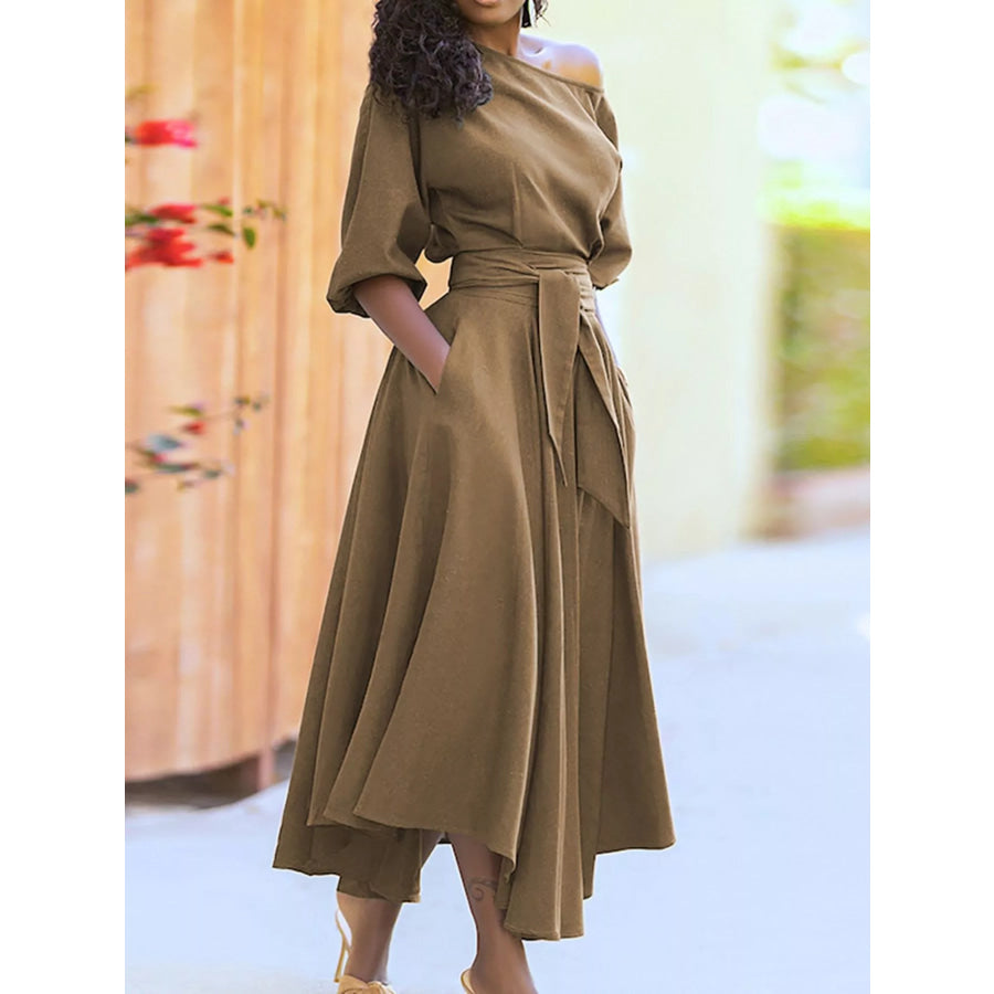 Boat Neck Tie Waist Dress Camel / S Apparel and Accessories
