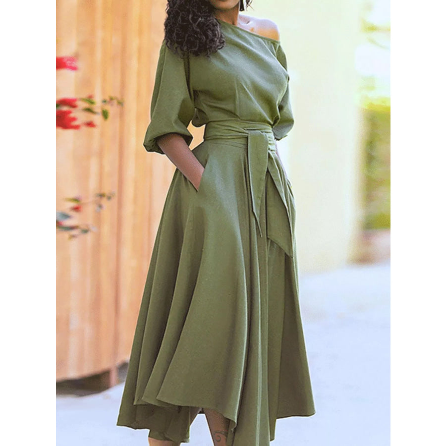 Boat Neck Tie Waist Dress Matcha Green / S Apparel and Accessories