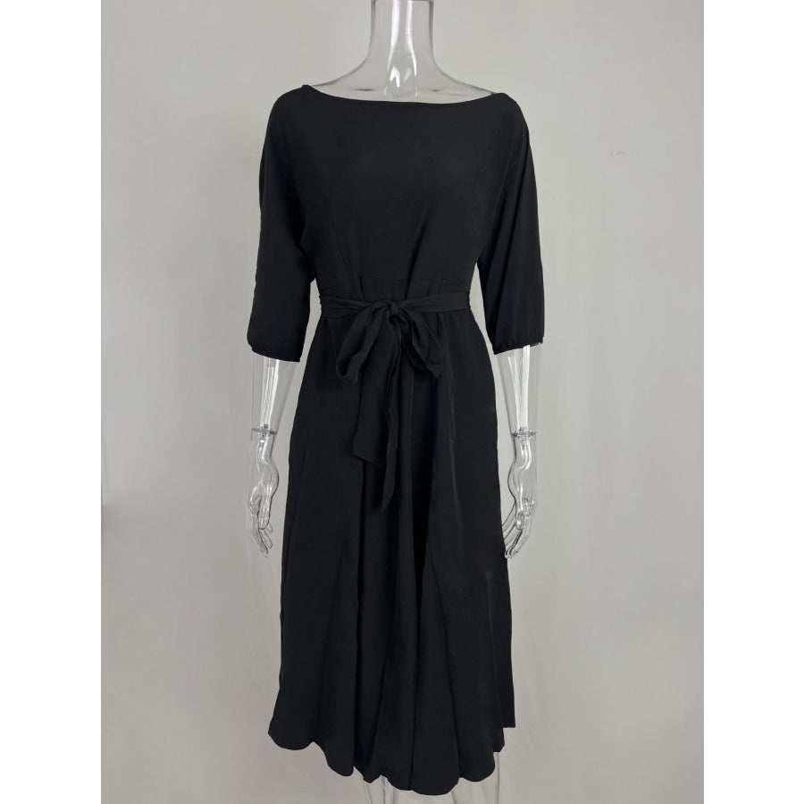 Boat Neck Tie Waist Midi Dress Black / S Apparel and Accessories