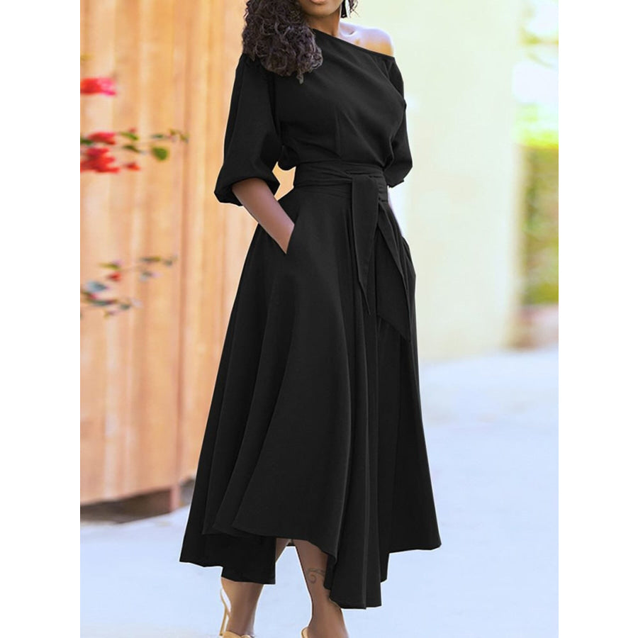 Boat Neck Tie Waist Midi Dress Black / S Apparel and Accessories