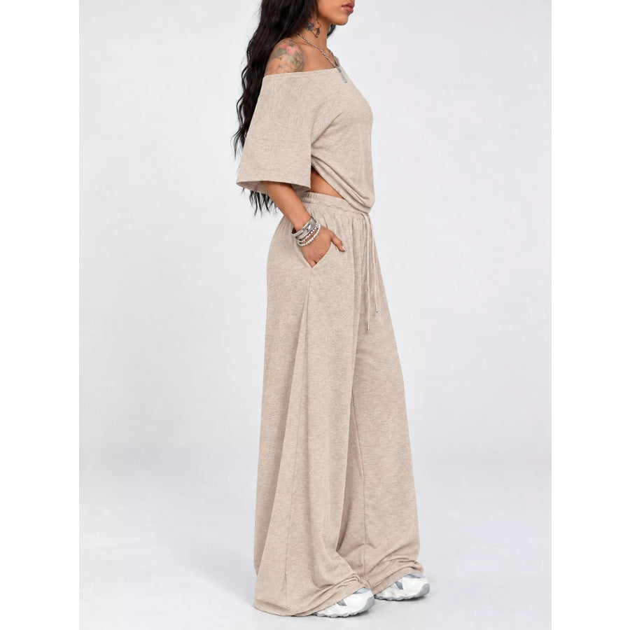 Boat Neck Top and Wide Leg Pants Set Apparel Accessories