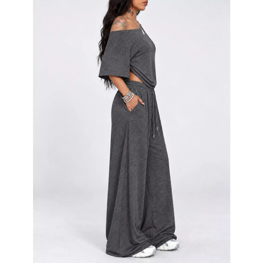 Boat Neck Top and Wide Leg Pants Set Apparel Accessories