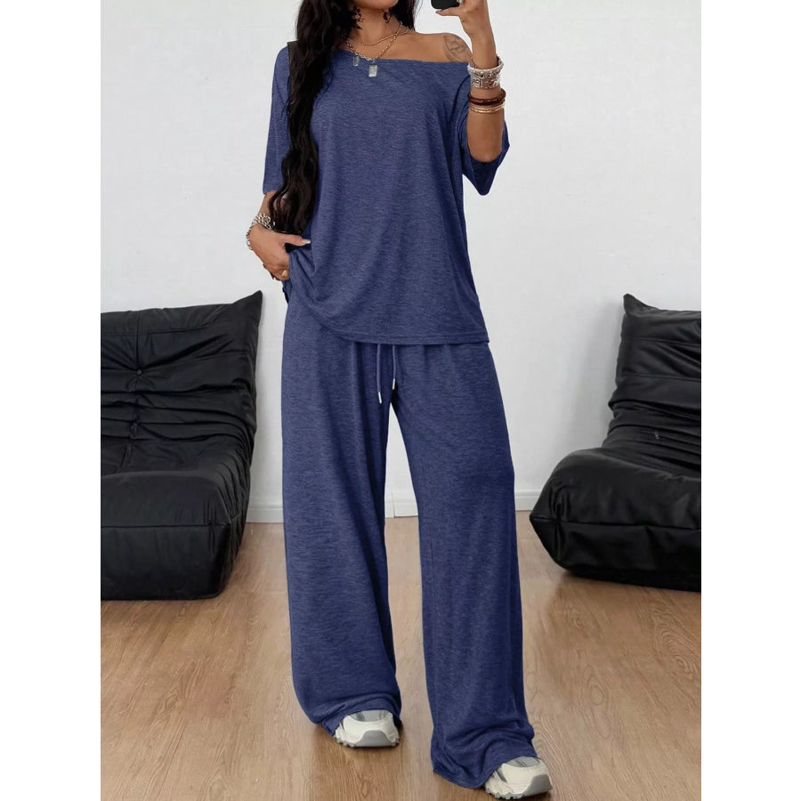 Boat Neck Top and Wide Leg Pants Set Apparel Accessories