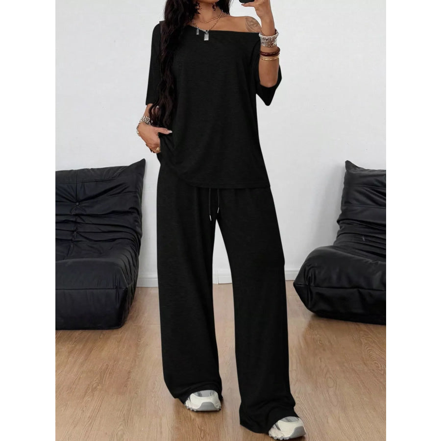 Boat Neck Top and Wide Leg Pants Set Apparel Accessories