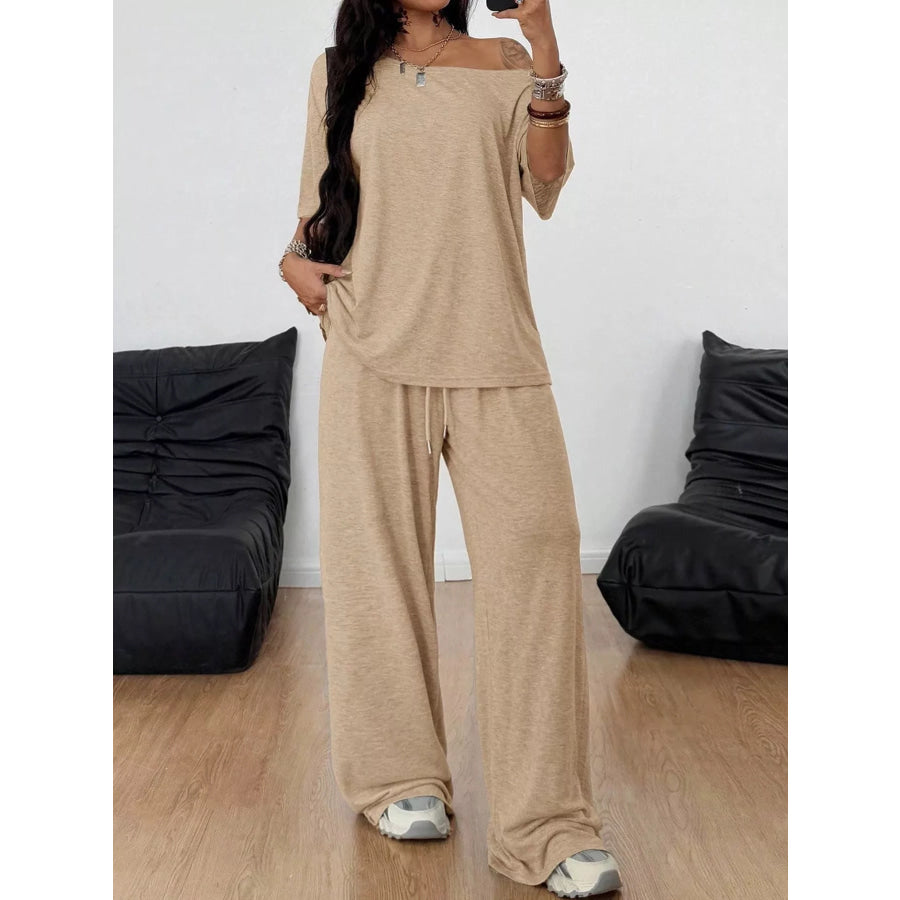 Boat Neck Top and Wide Leg Pants Set Apparel Accessories