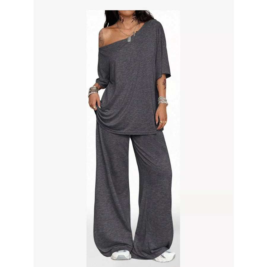 Boat Neck Top and Wide Leg Pants Set Apparel Accessories