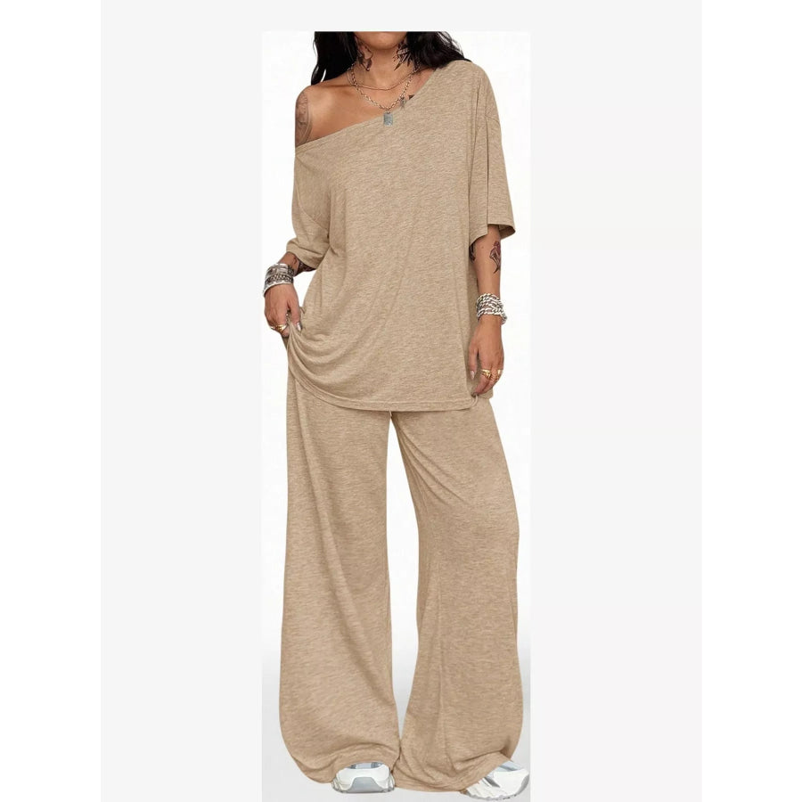 Boat Neck Top and Wide Leg Pants Set Apparel Accessories