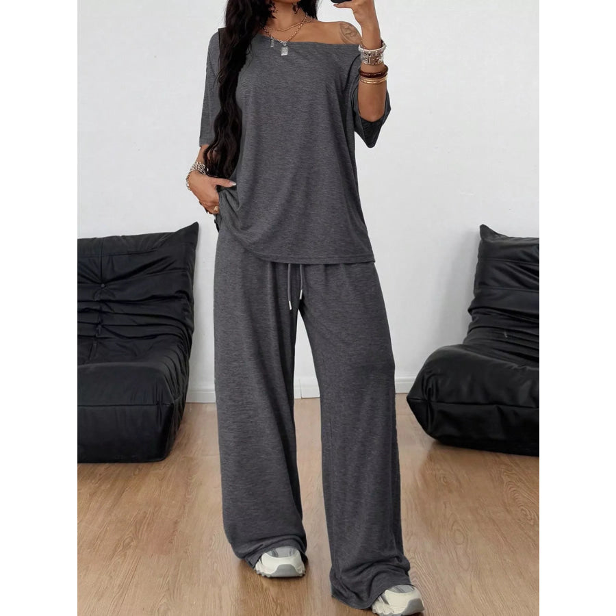 Boat Neck Top and Wide Leg Pants Set Apparel Accessories