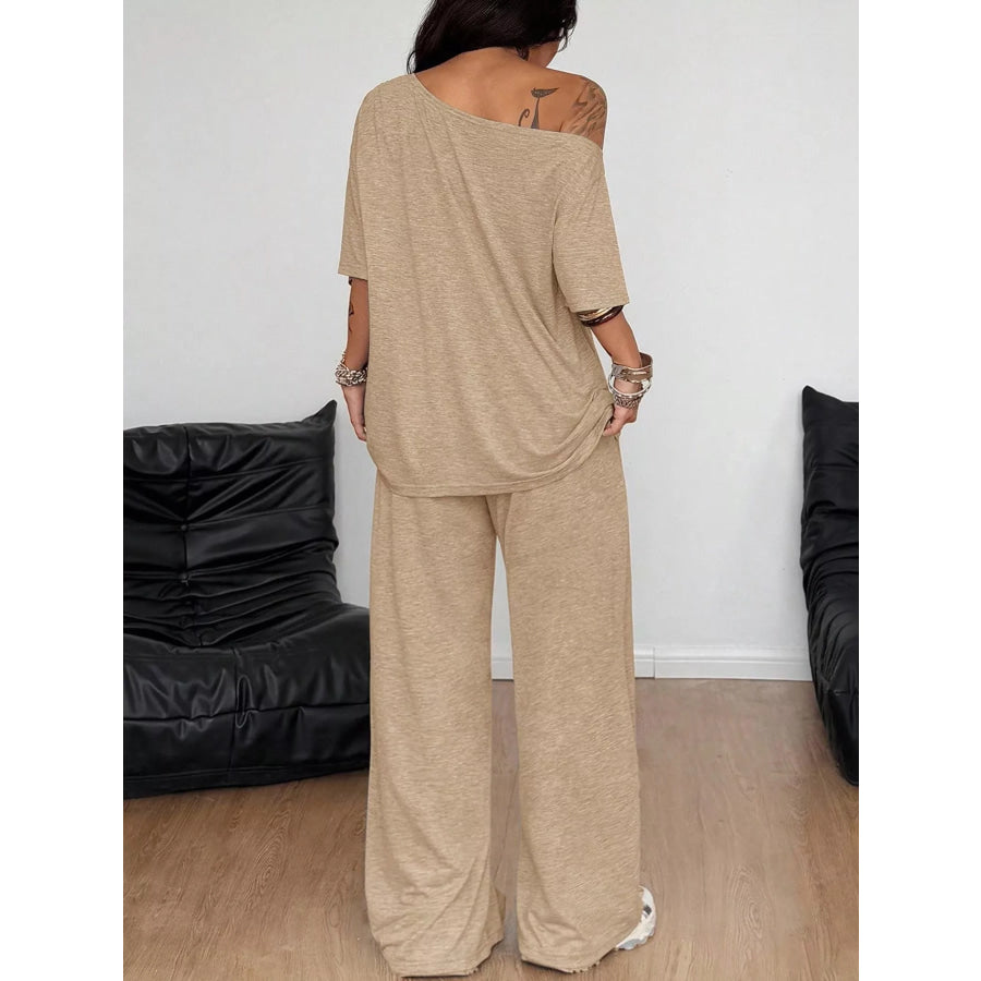 Boat Neck Top and Wide Leg Pants Set Apparel Accessories