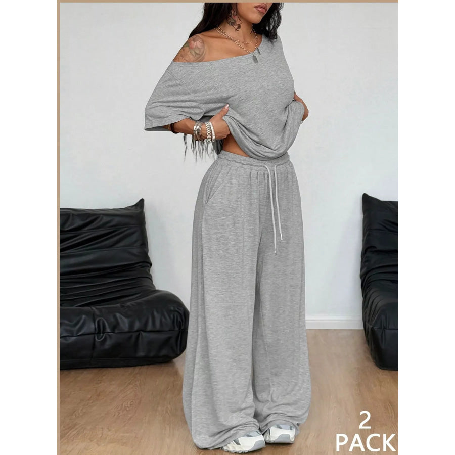Boat Neck Top and Wide Leg Pants Set Apparel Accessories