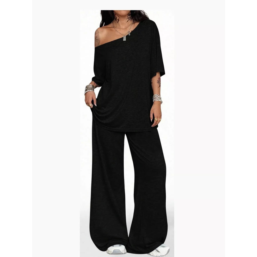Boat Neck Top and Wide Leg Pants Set Apparel Accessories