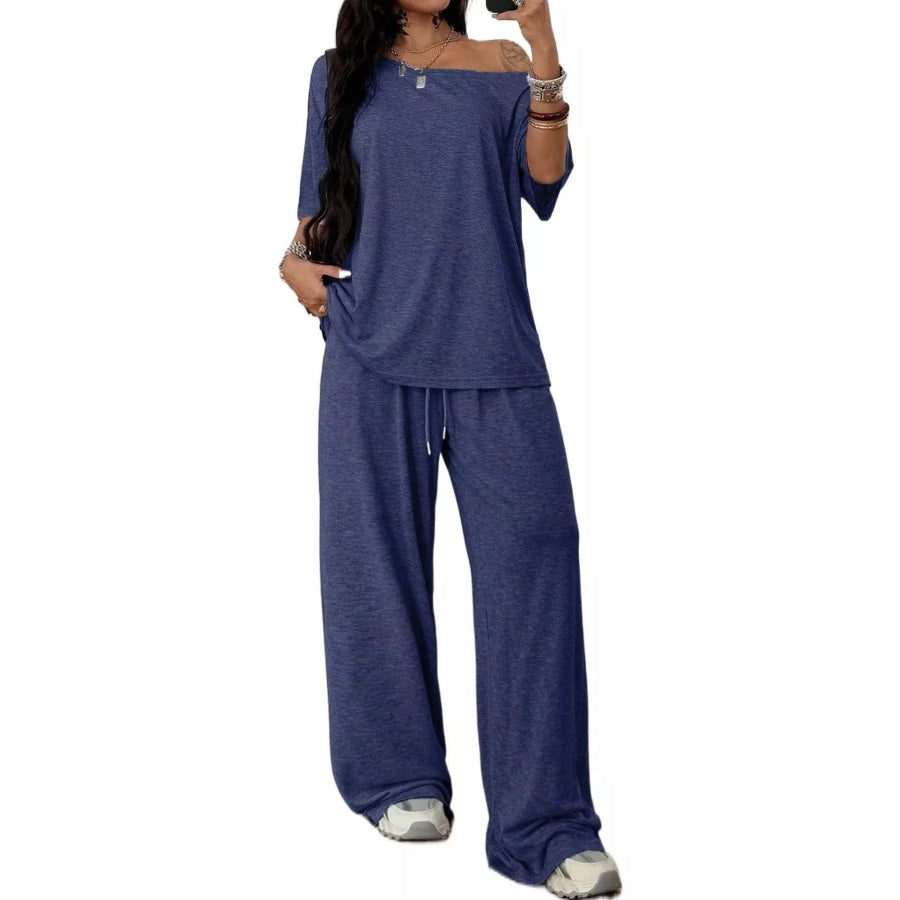 Boat Neck Top and Wide Leg Pants Set Apparel Accessories