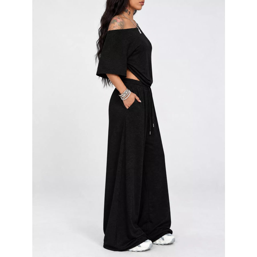 Boat Neck Top and Wide Leg Pants Set Apparel Accessories