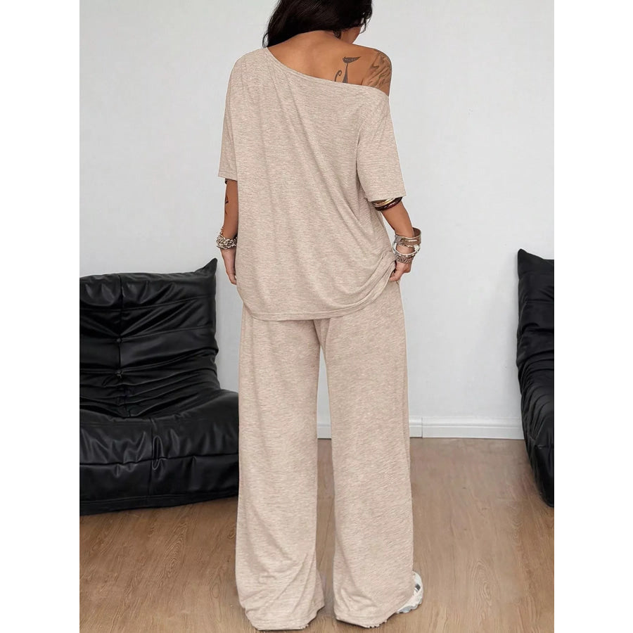 Boat Neck Top and Wide Leg Pants Set Apparel Accessories