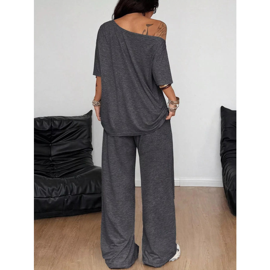 Boat Neck Top and Wide Leg Pants Set Apparel Accessories