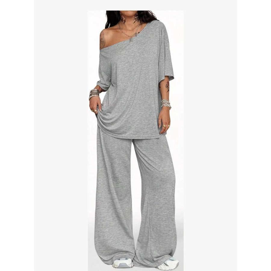 Boat Neck Top and Wide Leg Pants Set Apparel Accessories