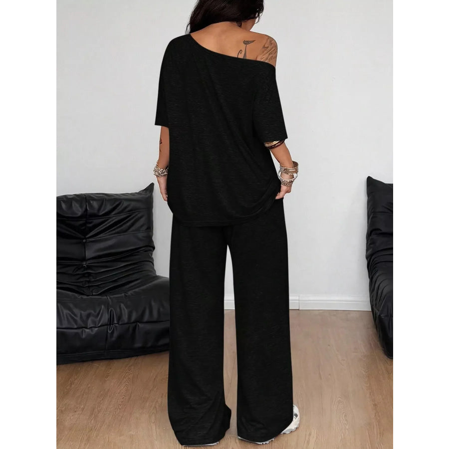 Boat Neck Top and Wide Leg Pants Set Apparel Accessories