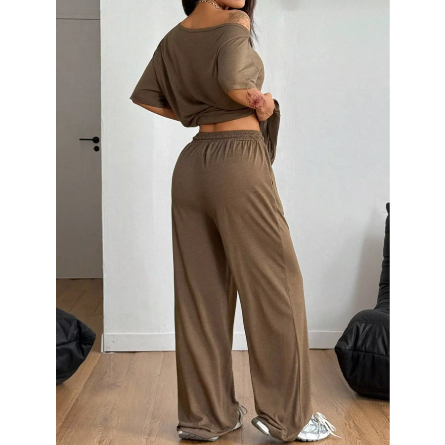 Boat Neck Top and Wide Leg Pants Set Apparel Accessories